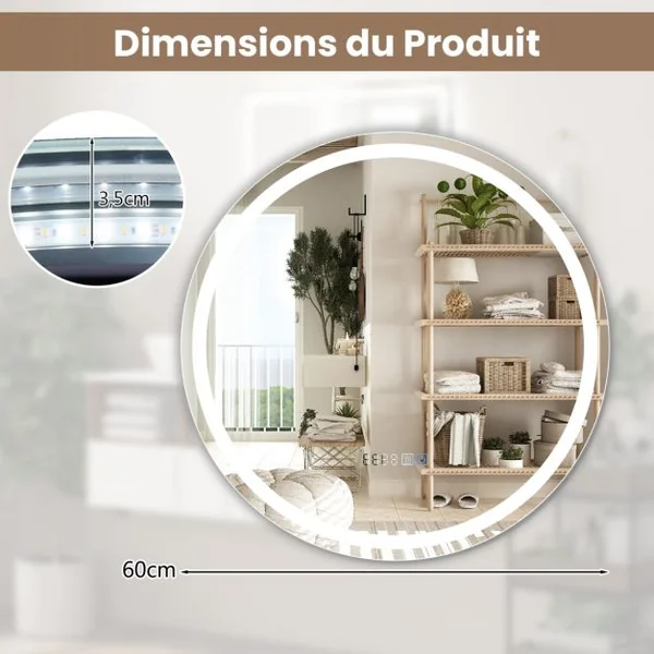 Miroir Mural LED 60Cm avec Luminosité Réglable avec Gradation 3000-6000K Mémoire Miroir Interrupteur Tactile&Affichage pour le Temps Argent