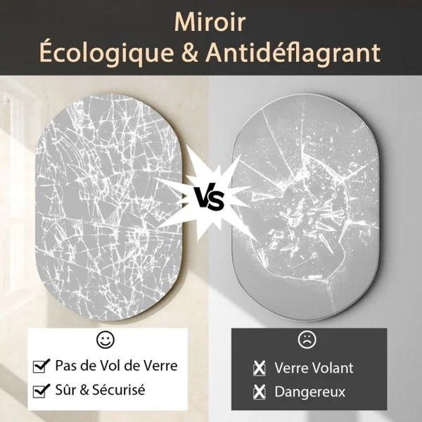 Miroir Mural Ovale 80 cm x 50 cm Rétro-éclairé à Intensité Variable