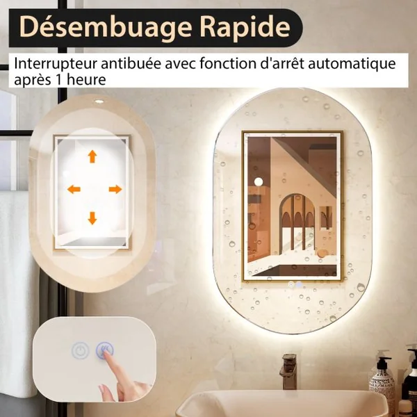 Miroir Mural Ovale 80 cm x 50 cm Rétro-éclairé à Intensité Variable