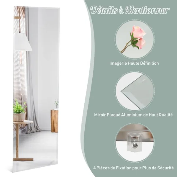 Miroir Mural Psyché Rectangulaire sans Cadre 110 x 38 cm Pleine Longueur Bord Biseauté Suspendu Vertical ou Horizontal