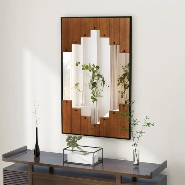 Miroir Mural Rectangulaire Décoratif Grand Miroir Mural 100 x 66 Cm avec Cadre en Forme de Touches de Piano Crochet Bidirectionnel pour Salon Noir