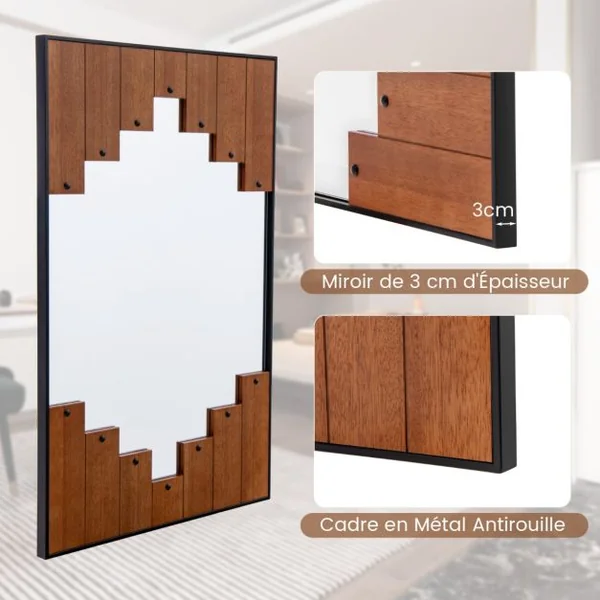 Miroir Mural Rectangulaire Décoratif Grand Miroir Mural 100 x 66 Cm avec Cadre en Forme de Touches de Piano Crochet Bidirectionnel pour Salon Noir