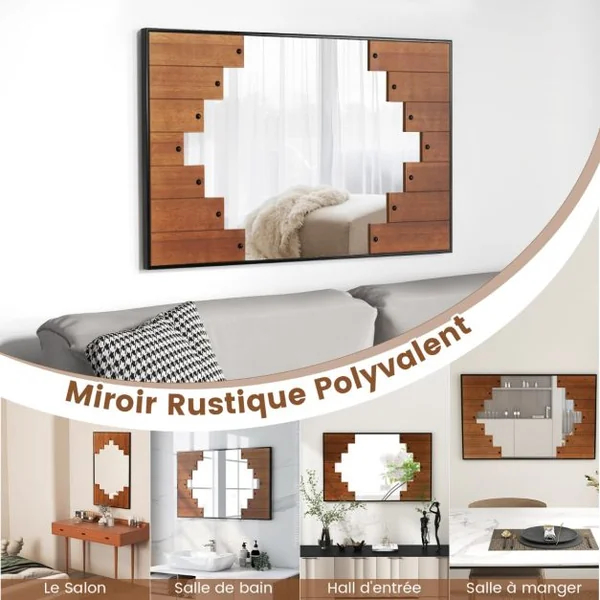 Miroir Mural Rectangulaire Décoratif Grand Miroir Mural 100 x 66 Cm avec Cadre en Forme de Touches de Piano Crochet Bidirectionnel pour Salon Noir