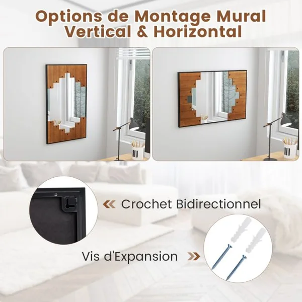 Miroir Mural Rectangulaire Décoratif Grand Miroir Mural 100 x 66 Cm avec Cadre en Forme de Touches de Piano Crochet Bidirectionnel pour Salon Noir