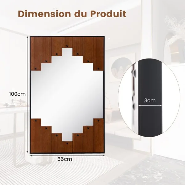 Miroir Mural Rectangulaire Décoratif Grand Miroir Mural 100 x 66 Cm avec Cadre en Forme de Touches de Piano Crochet Bidirectionnel pour Salon Noir