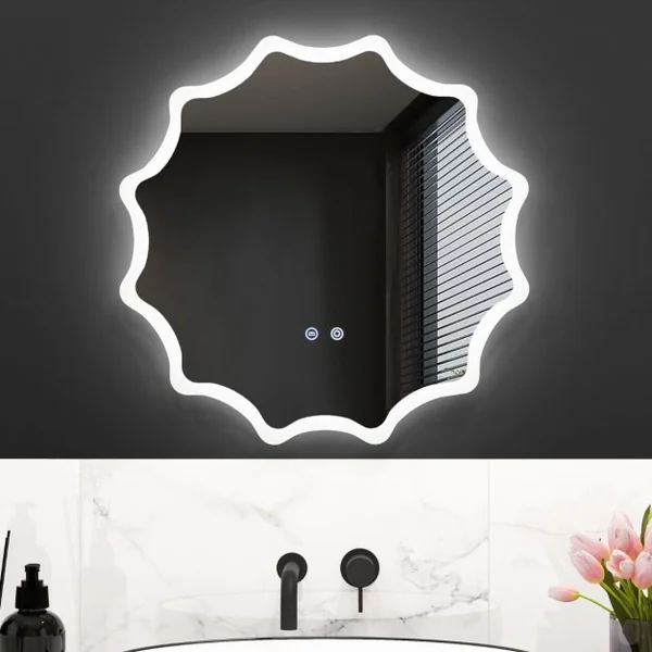 Miroir Mural Rond avec 3 Couleurs de Lumière et Anti-buée Miroir de Maquillage Éclairé à Intensité Variable avec Bouton Tactile Intelligent Argent