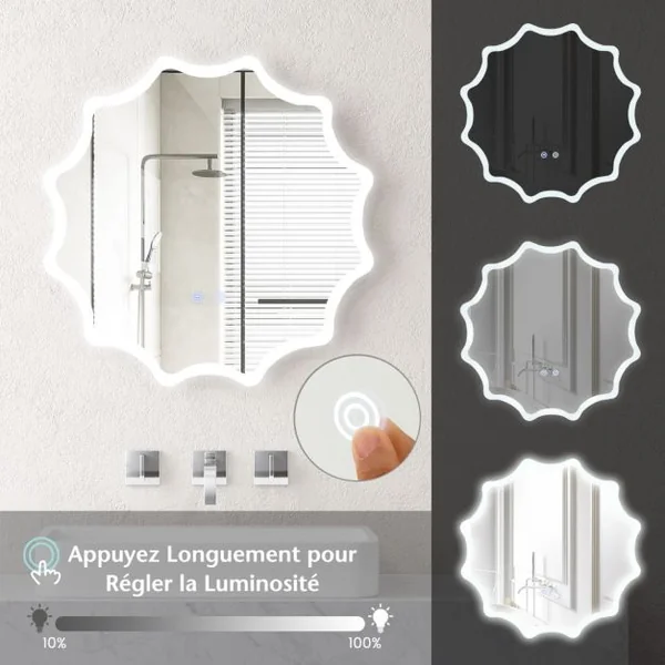 Miroir Mural Rond avec 3 Couleurs de Lumière et Anti-buée Miroir de Maquillage Éclairé à Intensité Variable avec Bouton Tactile Intelligent Argent