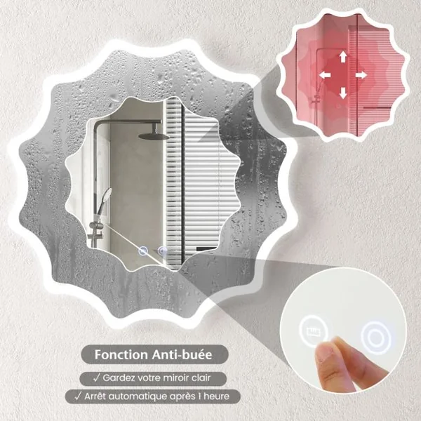 Miroir Mural Rond avec 3 Couleurs de Lumière et Anti-buée Miroir de Maquillage Éclairé à Intensité Variable avec Bouton Tactile Intelligent Argent