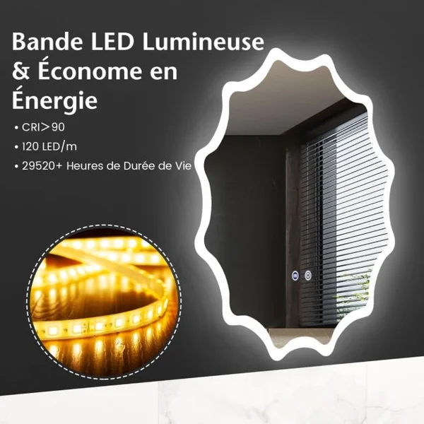 Miroir Mural Rond avec 3 Couleurs de Lumière et Anti-buée Miroir de Maquillage Éclairé à Intensité Variable avec Bouton Tactile Intelligent Argent