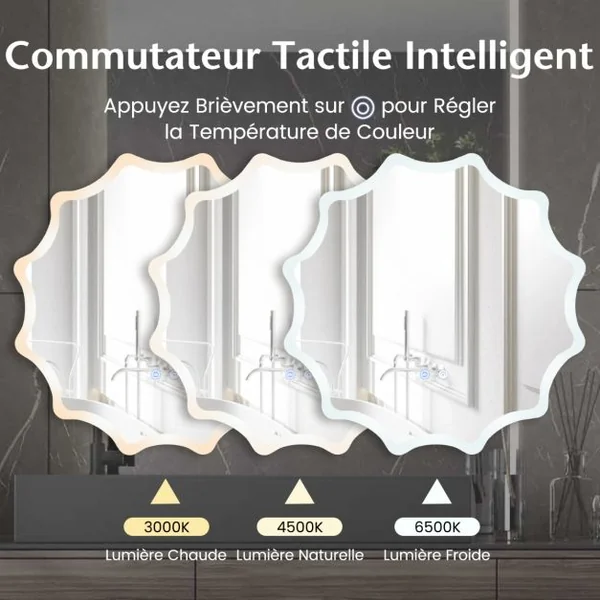 Miroir Mural Rond avec 3 Couleurs de Lumière et Anti-buée Miroir de Maquillage Éclairé à Intensité Variable avec Bouton Tactile Intelligent Argent