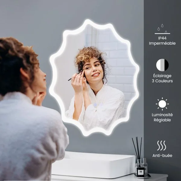 Miroir Mural Rond avec 3 Couleurs de Lumière et Anti-buée Miroir de Maquillage Éclairé à Intensité Variable avec Bouton Tactile Intelligent Argent