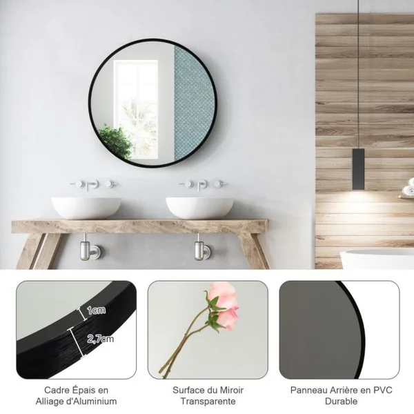 Miroir Mural Rond de 40 cm avec Cadre en Alliage d'Aluminium Décoration pour Salle de Bain Salon Chambre Entrée Noir