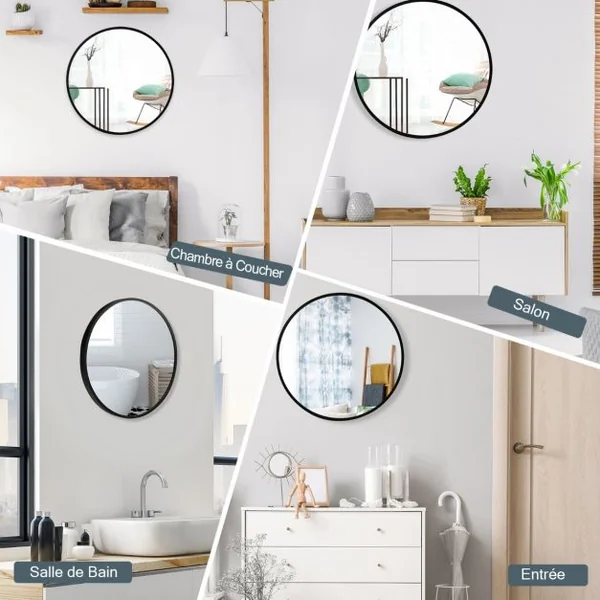 Miroir Mural Rond de 40 cm avec Cadre en Alliage d'Aluminium Décoration pour Salle de Bain Salon Chambre Entrée Noir