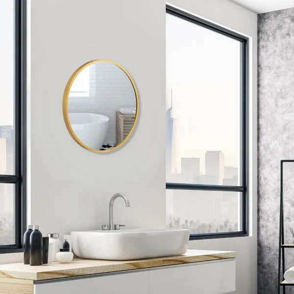 Miroir Mural Rond de 40 cm avec Cadre en Alliage d'Aluminium Décoration pour Salle de Bain Salon Chambre Entrée Or