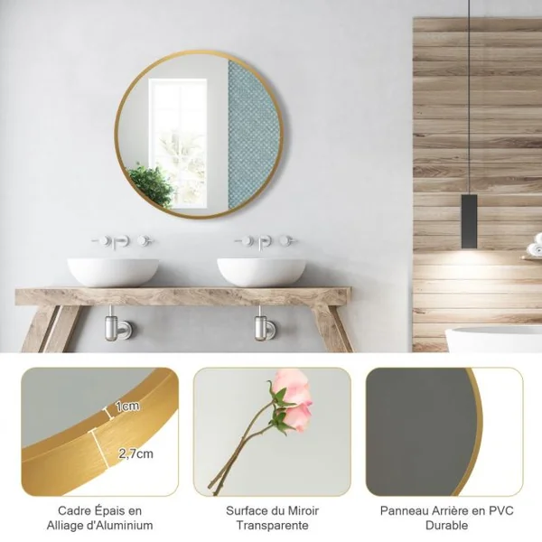 Miroir Mural Rond de 40 cm avec Cadre en Alliage d'Aluminium Décoration pour Salle de Bain Salon Chambre Entrée Or