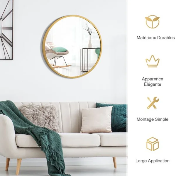 Miroir Mural Rond de 40 cm avec Cadre en Alliage d'Aluminium Décoration pour Salle de Bain Salon Chambre Entrée Or