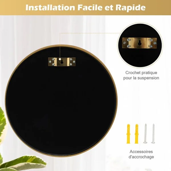 Miroir Mural Rond de 40 cm avec Cadre en Alliage d'Aluminium Décoration pour Salle de Bain Salon Chambre Entrée Or