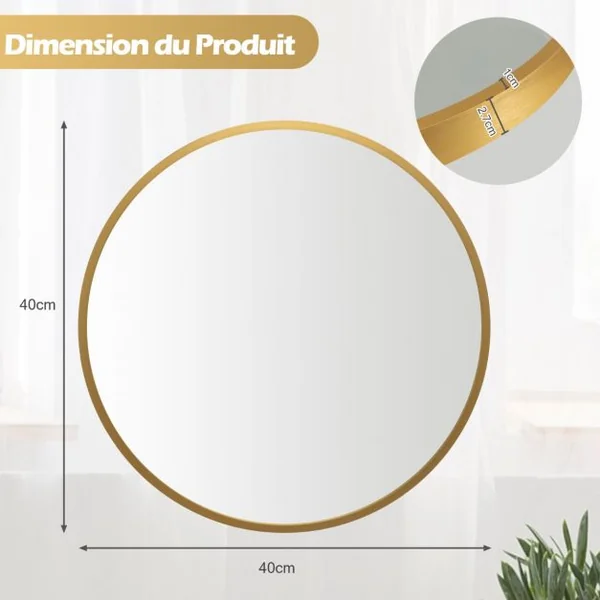Miroir Mural Rond de 40 cm avec Cadre en Alliage d'Aluminium Décoration pour Salle de Bain Salon Chambre Entrée Or