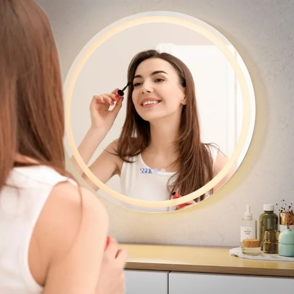 Miroir Mural Rond à LED et Fonction Anti-buée Miroir de Courtoisie Étanche avec 3 Couleurs 58 Lumières Écran Tactile Miroir de Maquillage Argent