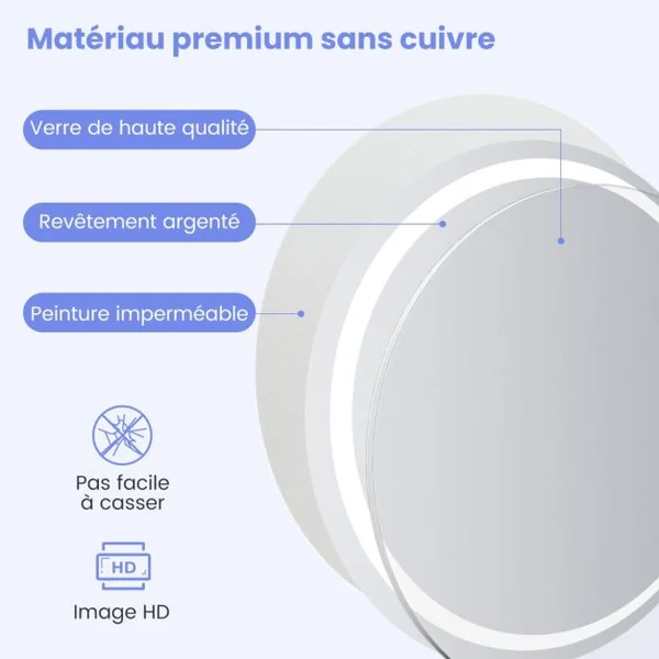 Miroir Mural Rond à LED et Fonction Anti-buée Miroir de Courtoisie Étanche avec 3 Couleurs 58 Lumières Écran Tactile Miroir de Maquillage Argent