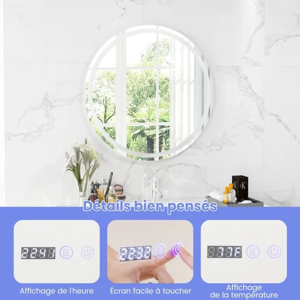 Miroir Mural Rond à LED et Fonction Anti-buée Miroir de Courtoisie Étanche avec 3 Couleurs 58 Lumières Écran Tactile Miroir de Maquillage Argent