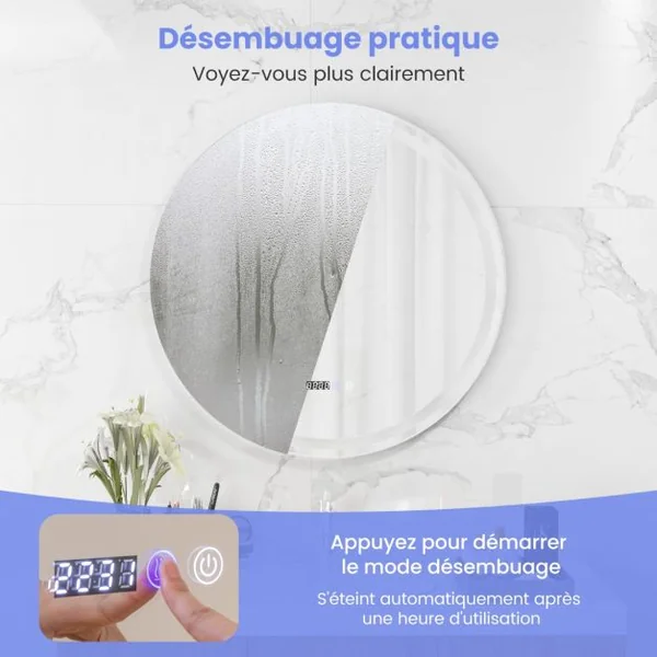 Miroir Mural Rond à LED et Fonction Anti-buée Miroir de Courtoisie Étanche avec 3 Couleurs 58 Lumières Écran Tactile Miroir de Maquillage Argent