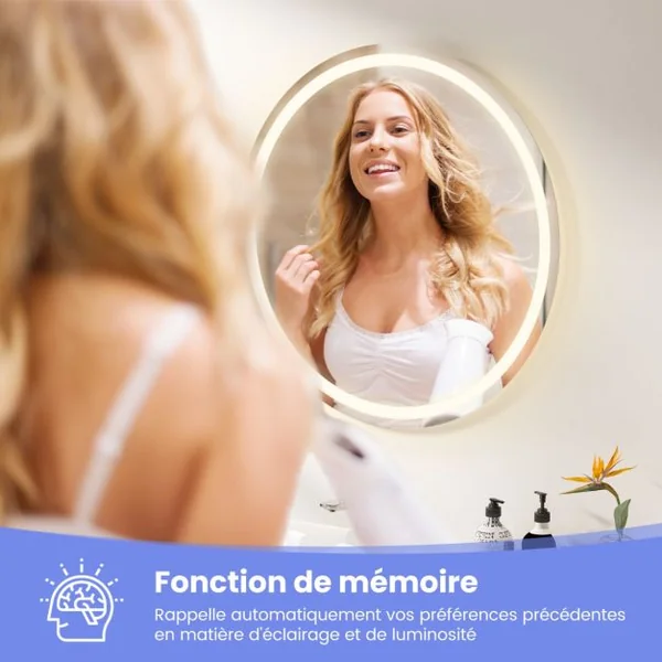 Miroir Mural Rond à LED et Fonction Anti-buée Miroir de Courtoisie Étanche avec 3 Couleurs 58 Lumières Écran Tactile Miroir de Maquillage Argent
