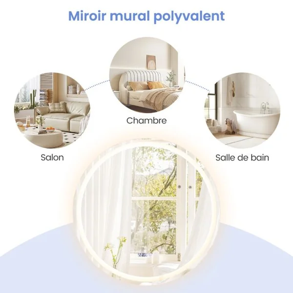 Miroir Mural Rond à LED et Fonction Anti-buée Miroir de Courtoisie Étanche avec 3 Couleurs 58 Lumières Écran Tactile Miroir de Maquillage Argent