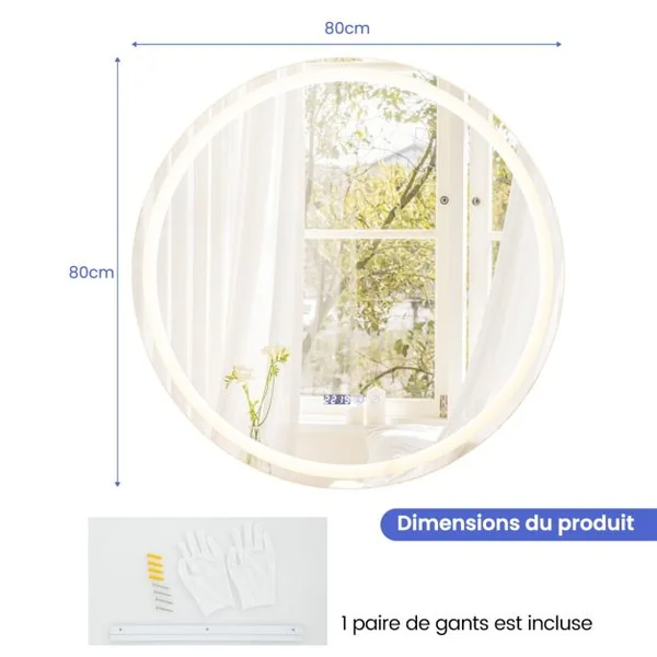 Miroir Mural Rond à LED et Fonction Anti-buée Miroir de Courtoisie Étanche avec 3 Couleurs 58 Lumières Écran Tactile Miroir de Maquillage Argent