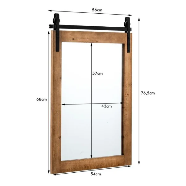 Miroir Mural Rustique avec Cadre en Bois Massif et Support en Métal 76 x 56 Cm Miroir Décoratif de Style Porte de Grange Rectangulaire Marron/Blanc/Noir/Noyer