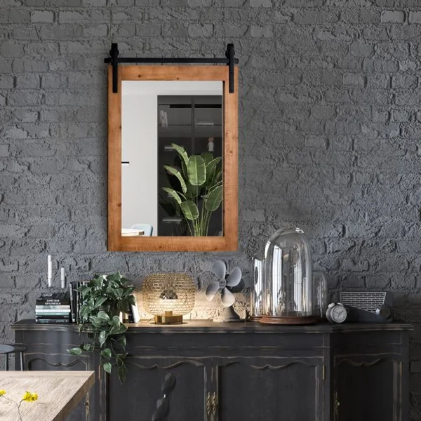 Miroir Mural Rustique avec Cadre en Bois Massif et Support en Métal 76 x 56 Cm Miroir Décoratif de Style Porte de Grange Rectangulaire Marron/Blanc/Noir/Noyer