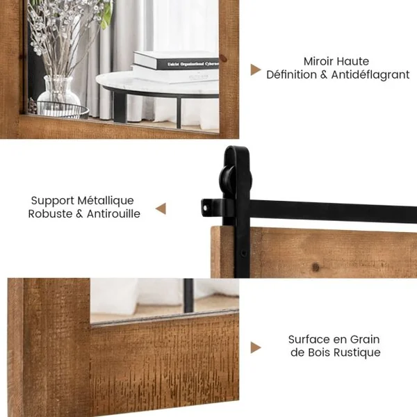 Miroir Mural Rustique avec Cadre en Bois Massif et Support en Métal 76 x 56 Cm Miroir Décoratif de Style Porte de Grange Rectangulaire Marron/Blanc/Noir/Noyer