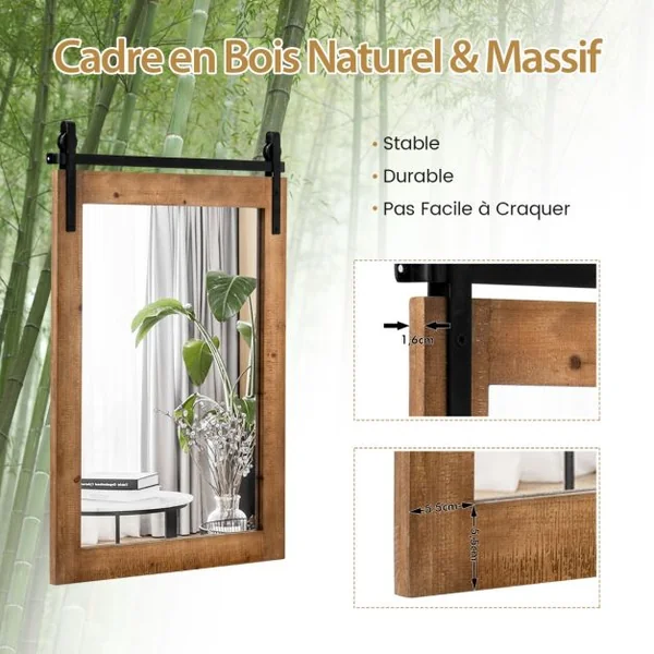 Miroir Mural Rustique avec Cadre en Bois Massif et Support en Métal 76 x 56 Cm Miroir Décoratif de Style Porte de Grange Rectangulaire Marron/Blanc/Noir/Noyer