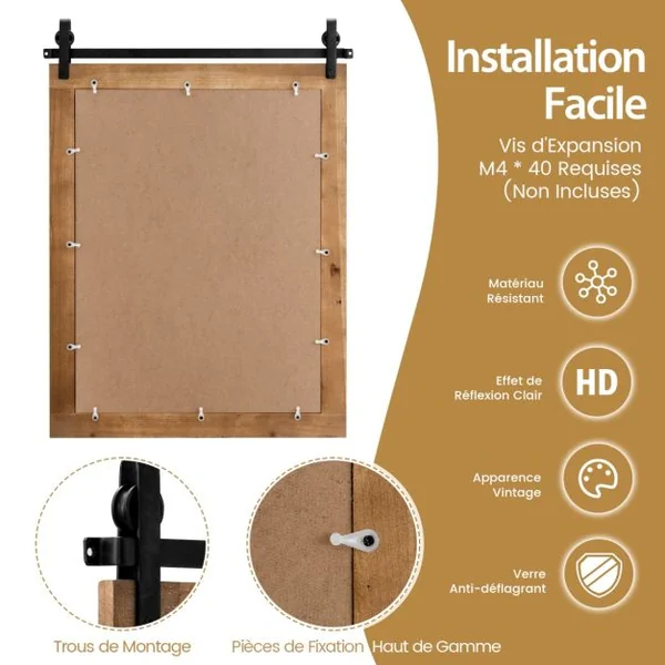 Miroir Mural Rustique avec Cadre en Bois Massif et Support en Métal 76 x 56 Cm Miroir Décoratif de Style Porte de Grange Rectangulaire Marron/Blanc/Noir/Noyer