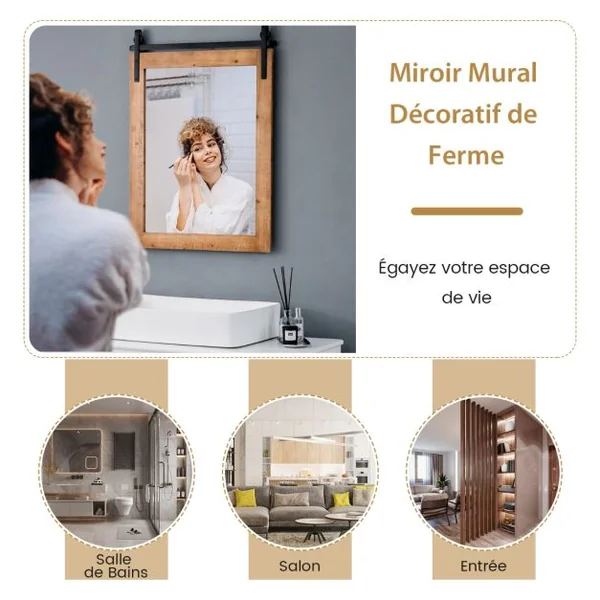 Miroir Mural Rustique avec Cadre en Bois Massif et Support en Métal 76 x 56 Cm Miroir Décoratif de Style Porte de Grange Rectangulaire Marron/Blanc/Noir/Noyer