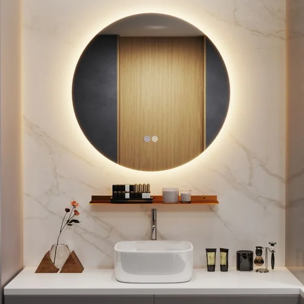 Miroir Mural Rétroéclairé LED de 60cm Lumières à Intensité Variable en Continu 3 Couleurs Désembuage Automatique Mémoire Réflexion HD