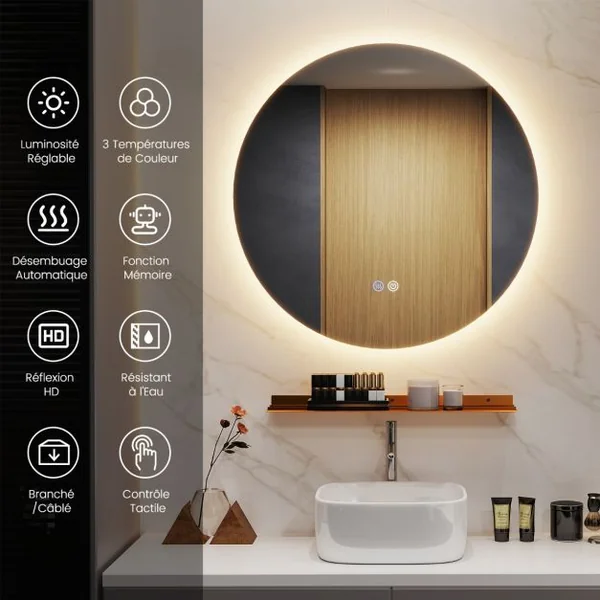 Miroir Mural Rétroéclairé LED de 60cm Lumières à Intensité Variable en Continu 3 Couleurs Désembuage Automatique Mémoire Réflexion HD