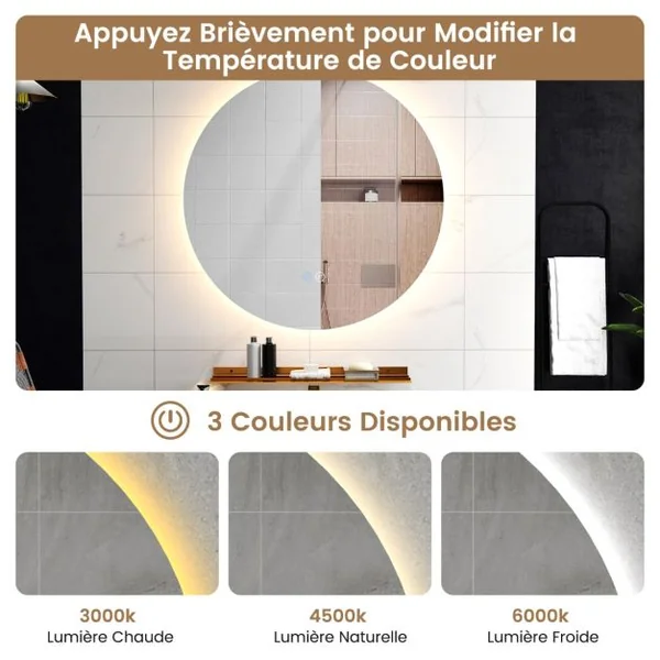 Miroir Mural Rétroéclairé LED de 60cm Lumières à Intensité Variable en Continu 3 Couleurs Désembuage Automatique Mémoire Réflexion HD