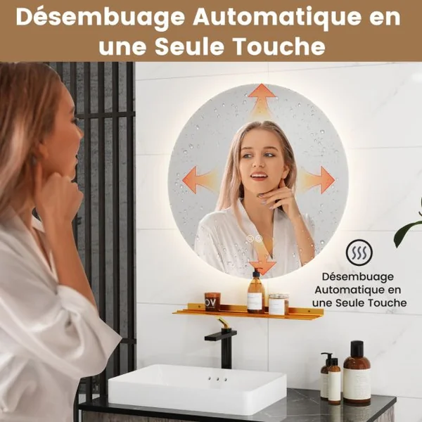 Miroir Mural Rétroéclairé LED de 60cm Lumières à Intensité Variable en Continu 3 Couleurs Désembuage Automatique Mémoire Réflexion HD