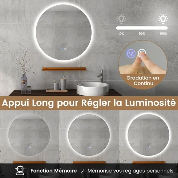 Miroir Mural Rétroéclairé LED de 60cm Lumières à Intensité Variable en Continu 3 Couleurs Désembuage Automatique Mémoire Réflexion HD