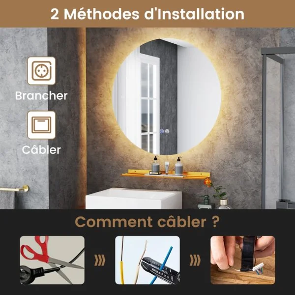 Miroir Mural Rétroéclairé LED de 60cm Lumières à Intensité Variable en Continu 3 Couleurs Désembuage Automatique Mémoire Réflexion HD