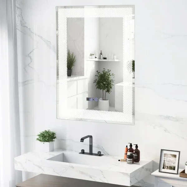 Miroir Mural Salle de Bain LED à 3 Couleurs Luminosité Réglable Fonction Mémoire et de Désembuage Interrupteur Tactile et Affichage Temps Température