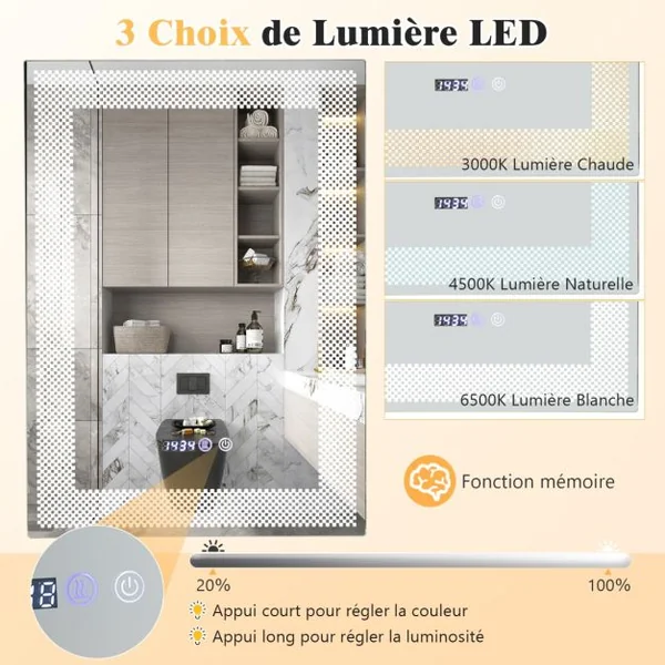 Miroir Mural Salle de Bain LED à 3 Couleurs Luminosité Réglable Fonction Mémoire et de Désembuage Interrupteur Tactile et Affichage Temps Température