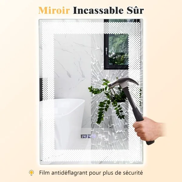 Miroir Mural Salle de Bain LED à 3 Couleurs Luminosité Réglable Fonction Mémoire et de Désembuage Interrupteur Tactile et Affichage Temps Température
