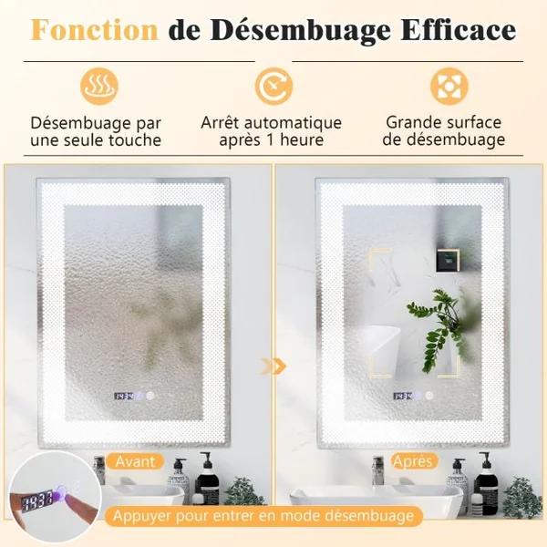 Miroir Mural Salle de Bain LED à 3 Couleurs Luminosité Réglable Fonction Mémoire et de Désembuage Interrupteur Tactile et Affichage Temps Température