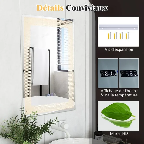 Miroir Mural Salle de Bain LED à 3 Couleurs Luminosité Réglable Fonction Mémoire et de Désembuage Interrupteur Tactile et Affichage Temps Température