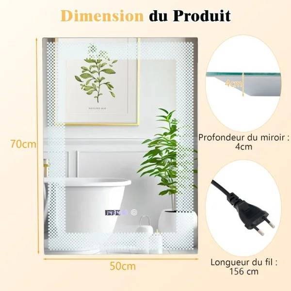 Miroir Mural Salle de Bain LED à 3 Couleurs Luminosité Réglable Fonction Mémoire et de Désembuage Interrupteur Tactile et Affichage Temps Température