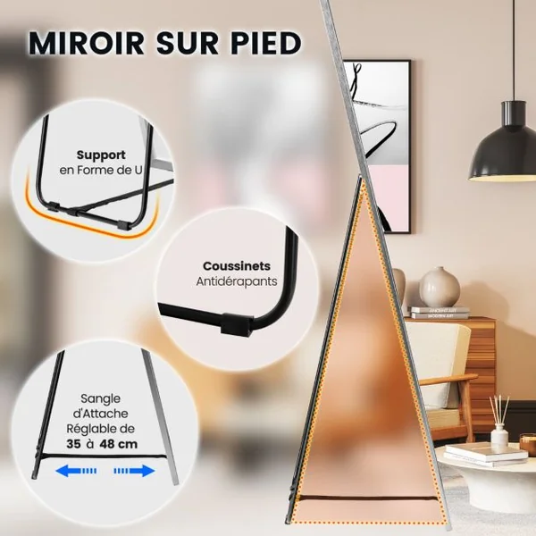 Miroir Pleine Longueur 160 X 40 CM Miroir Rectangulaire avec Verre Incassable et Cadre en Alliage D'aluminium pour Chambre Salon Entrée Noir/Argent/Or