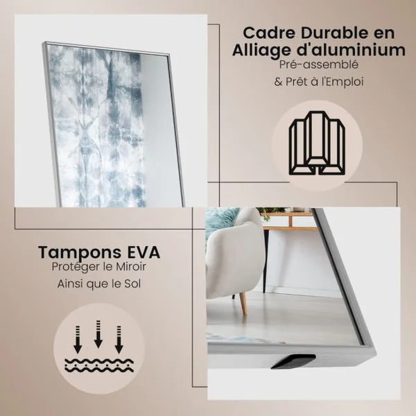 Miroir Pleine Longueur 160 X 40 CM Miroir Rectangulaire avec Verre Incassable et Cadre en Alliage D'aluminium pour Chambre Salon Entrée Noir/Argent/Or
