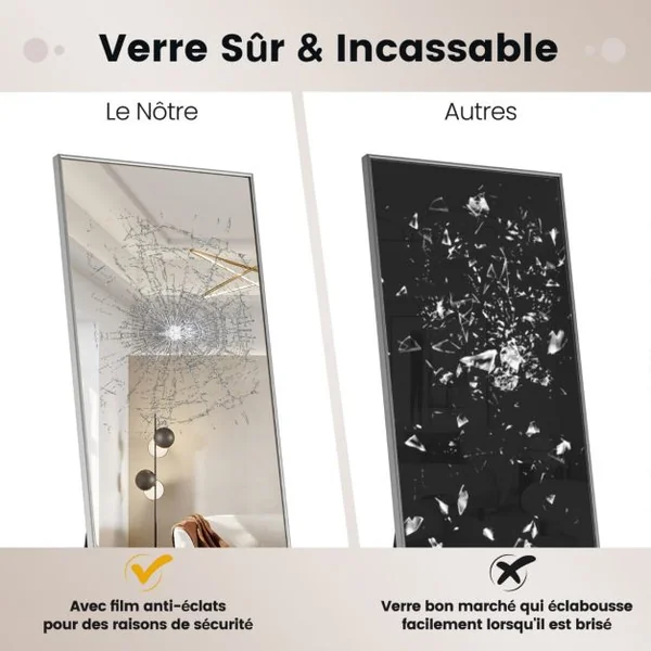 Miroir Pleine Longueur 160 X 40 CM Miroir Rectangulaire avec Verre Incassable et Cadre en Alliage D'aluminium pour Chambre Salon Entrée Noir/Argent/Or
